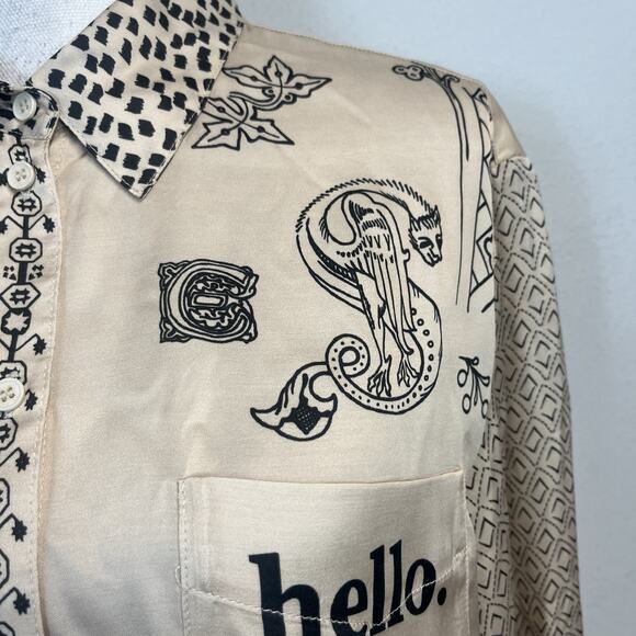 Me369 Blouse Tunic size Medium Gold Black HELLO HEY HI Artsy Peacock Graphic #S - Picture 5 of 12